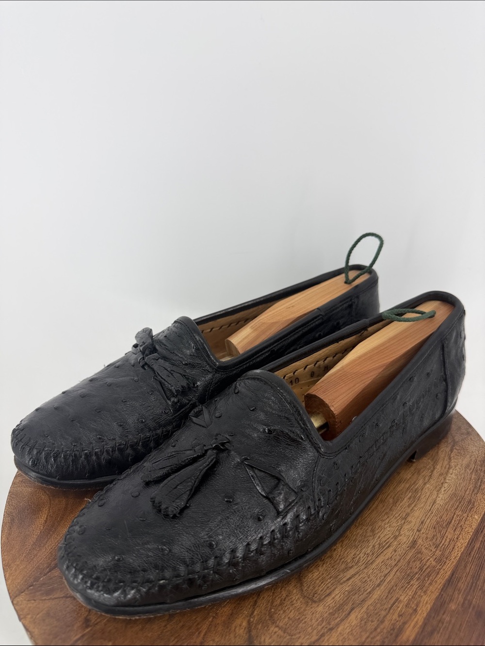 Zelli Genuine Ostrich Leather Tassel Loafers Men’s Size 8 Black Italian Luxury